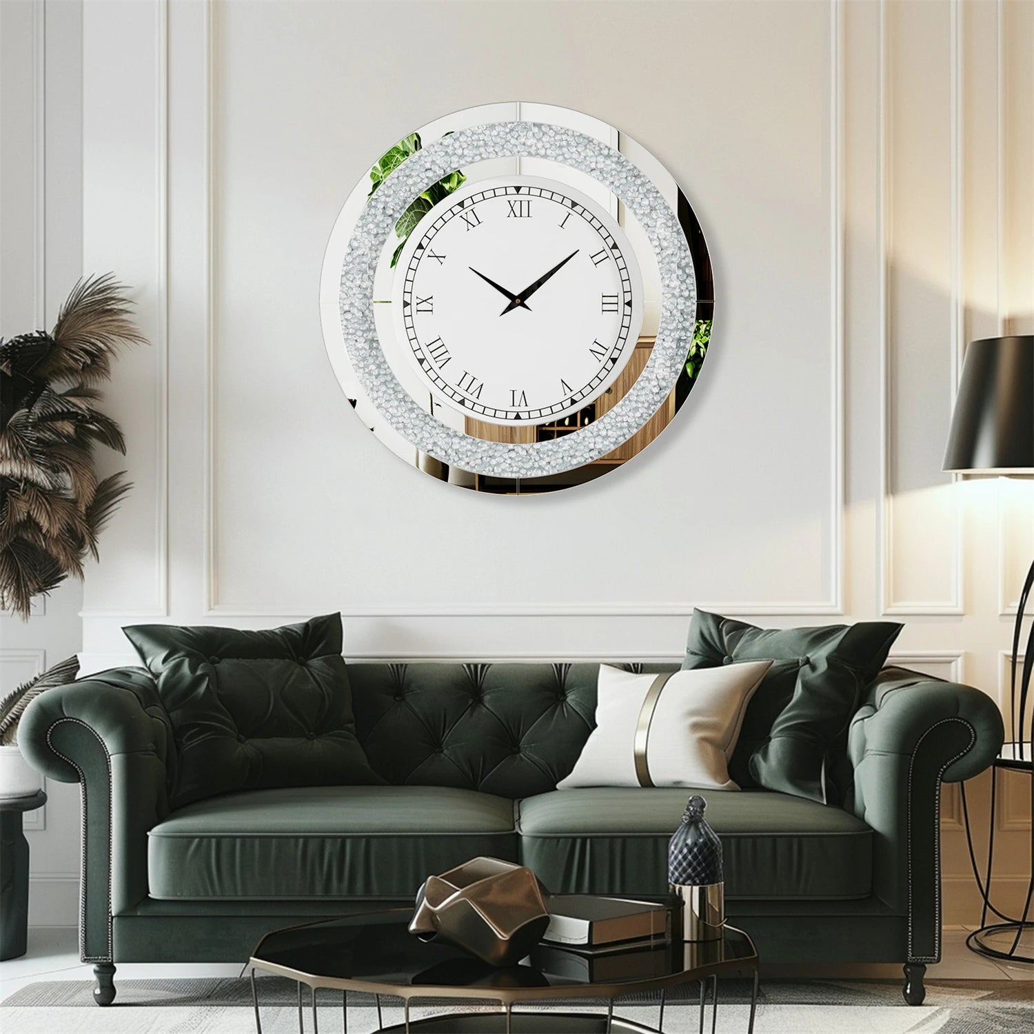 60/80CM Bling Silver Round Mirror Clock Glam Sparkle Twinkle Shining Mirrored Wall Clock for Home Decor