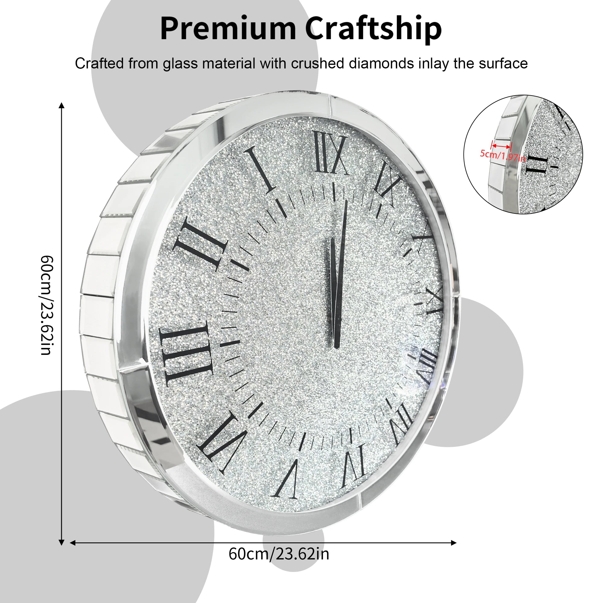 60x60CM Crystal Crush Diamond Mirrored Round Wall Clock for Home Decor Silver Mirror Quartz Clock with Beveled Glass Edging