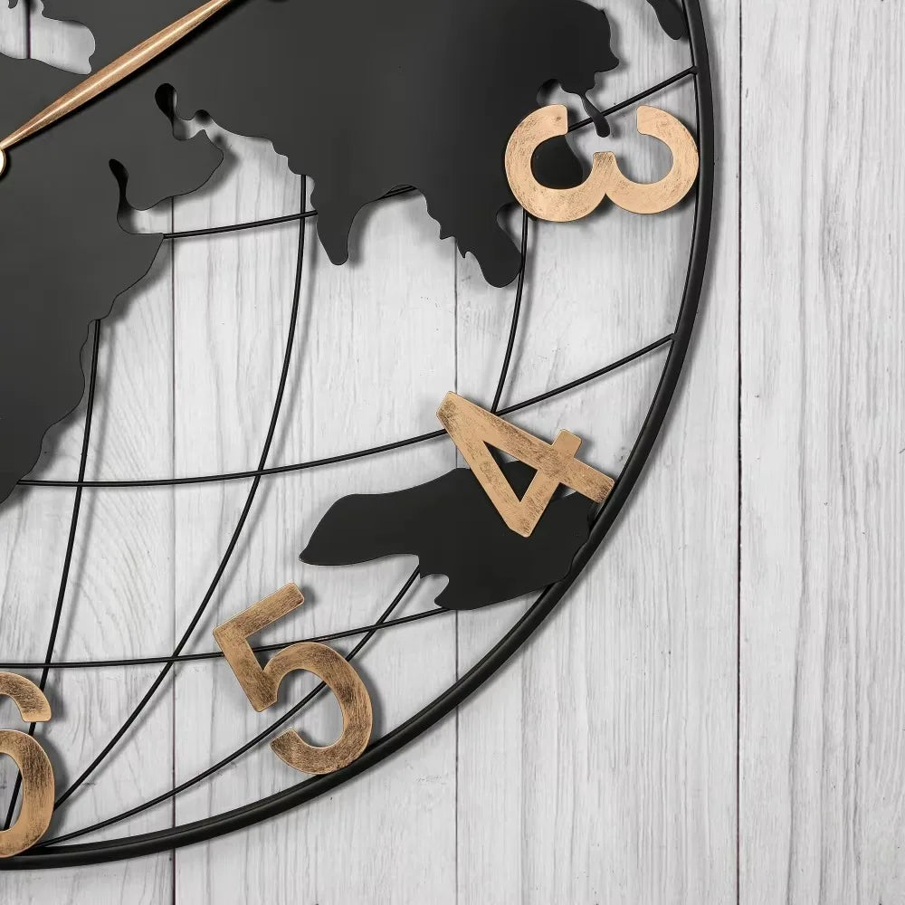 36 Inch Large Black Metal Wall Clock, Modern Silent World Map Wall Clock with Vintage Gold Arabic Numeral