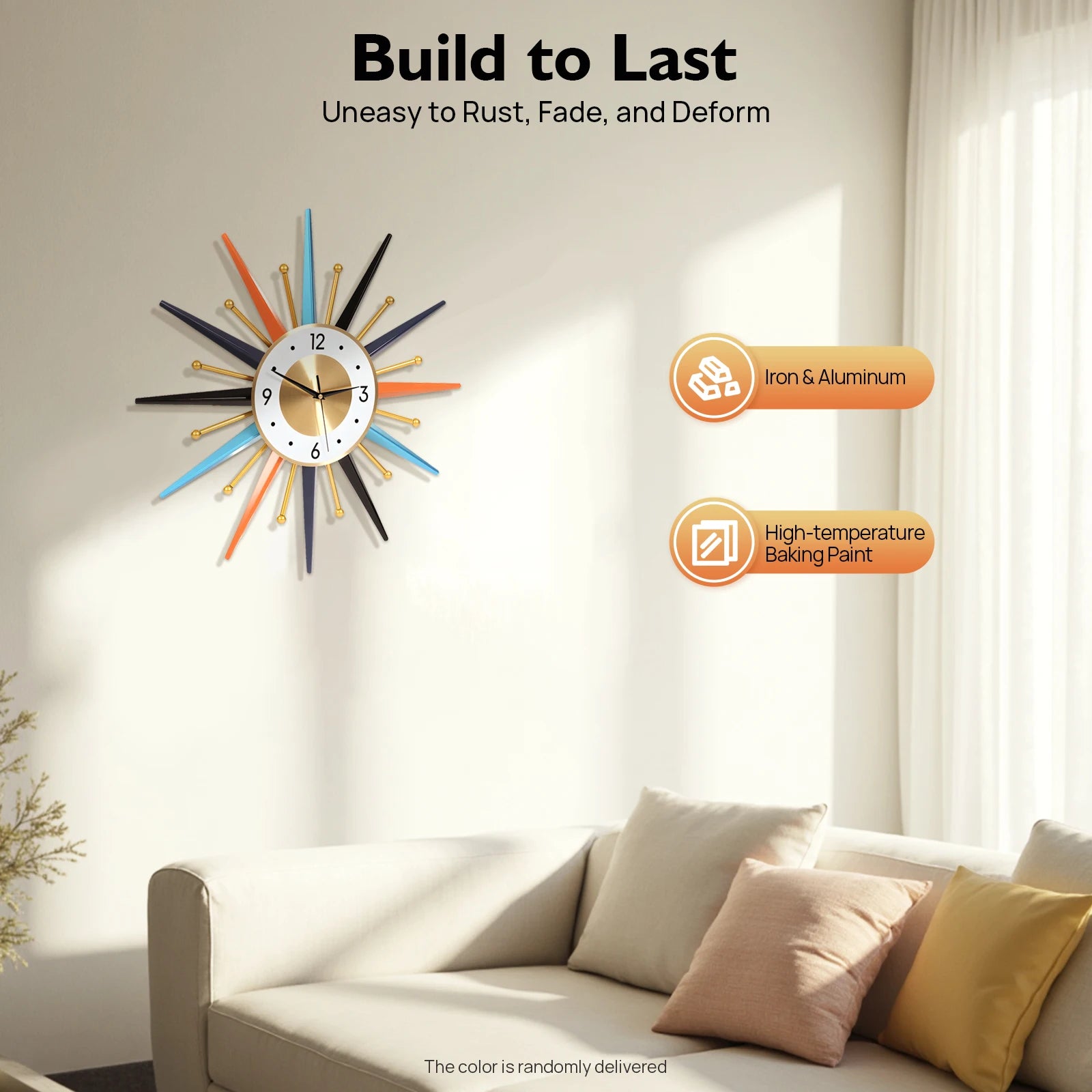 22 Inch Sun-Shaped 12-Hour Time Display Wall Clock - Modern Colorful Iron & Aluminum Battery Operated Wall Decor for Living Room