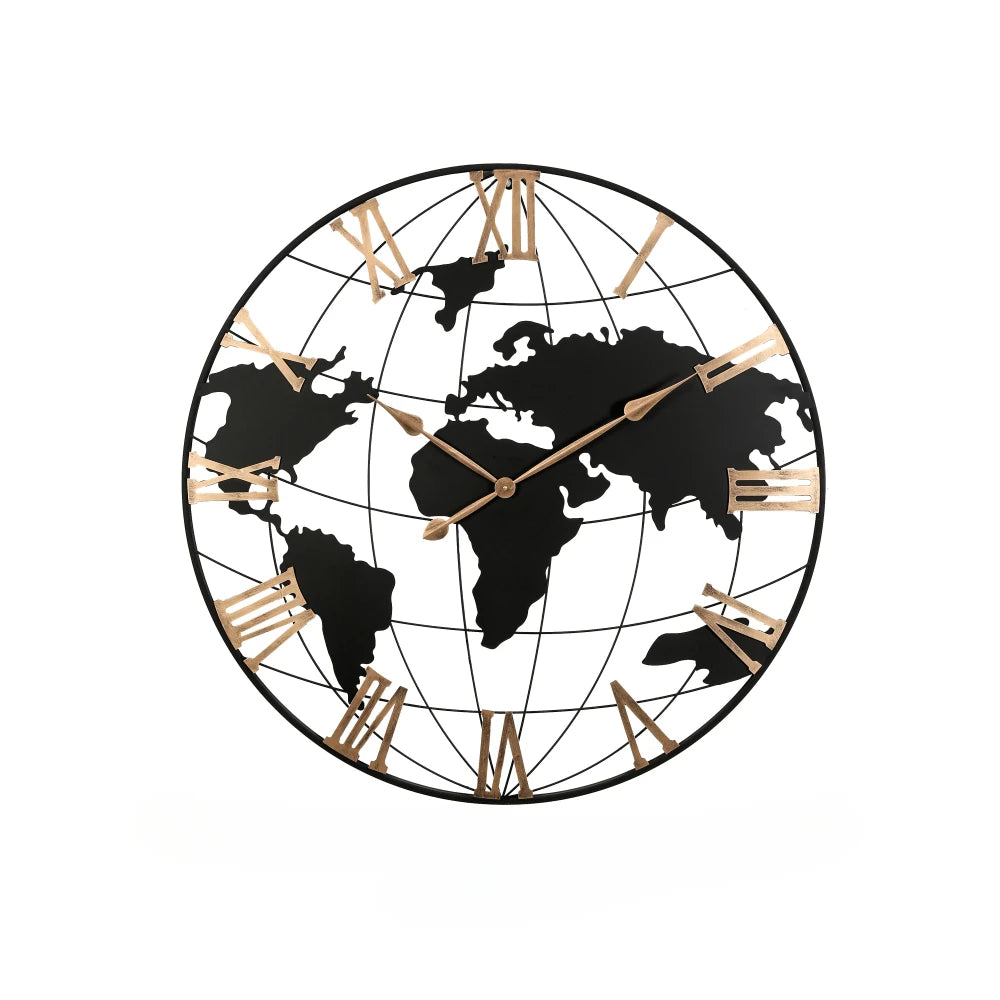 36 Inch Large Black Metal Wall Clock, Modern Silent World Map Wall Clock with Vintage Gold Arabic Numeral