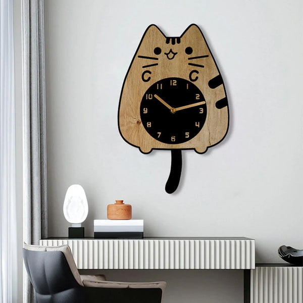 Cat Wall Clock Wooden Animal Shape with Swinging Tail Cartoon Decorative Clock for Dining Room Kitchen Indoor Office Home Decor
