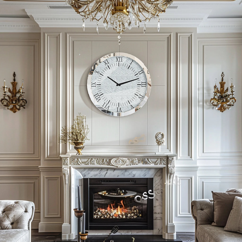 60x60CM Crystal Crush Diamond Mirrored Round Wall Clock for Home Decor Silver Mirror Quartz Clock with Beveled Glass Edging