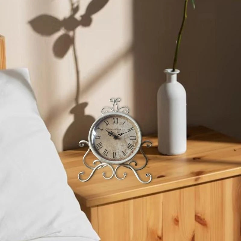 652F Desk Clock Vintage Iron Tabletop Clock with Precise Movement for Living Room Study Decoration Classical Clock